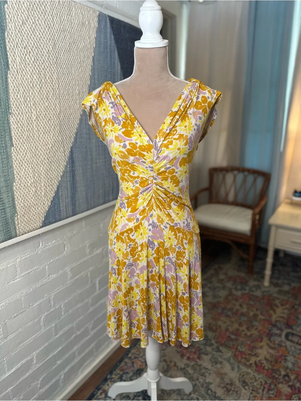 Free People Yellow and Purple Floral Ribbed Drop Waist Dress